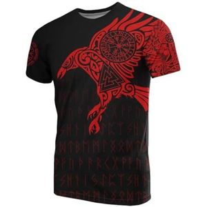 Noorse Mythologie Raven Tattoo T-shirt - Unisex Viking 3D Bedrukte Odin Fenrir Classic Harajuku Losse Korte Mouw - Zomer Vegvisir Tattoo Pagan Sports Top (Color : Crow red, Size : 5XL)