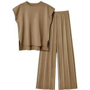 Veriliss tweedelige sets voor dames, gebreide trui met broek met elastische taille, joggingpak, loungewear, Kaki, XL