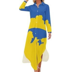 Oekraïense vlag met de kaart dames maxi-jurk lange mouwen knopen overhemdjurk casual feest lange jurken L
