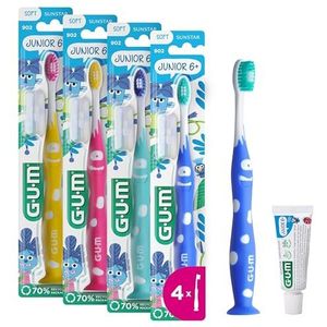 GUM Junior tandenborstel | voor kinderen van 6-9 jaar | gewatteerde kop | zachte borstelharen | antislip handgreep | zuignap | 1 stuk | 4 x 1 stuks (met 1 bonusmonster)