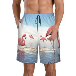 JIAWUJYNB Flock of Pink Flamingo's On The Beach Print heren strandshorts - zomervakantie strandshorts casual lichtgewicht trekkoord, Wit, L