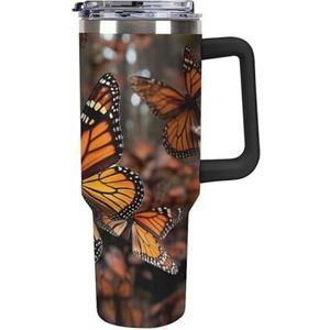HJUQNGF 40 oz gepersonaliseerde beker met handvat en stro monarchvlinders roestvrij staal geïsoleerde bekers herbruikbare auto thermische beker reizen koffiemok voor vrouwen mannen