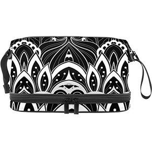 Dubbellaags Cosmetische Tas Zwart en Wit Tribal Draagbare Make-up Tas Reizen Organizer Pouch Voor Vrouwen Meisjes Toiletries Tassen, Meerkleurig, 27x15x14 cm/10.6x5.9x5.5 in, Make-up zakje