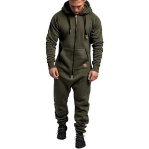 Heren - Jumpsuit - Leger Groen - Eendelige Pyjama - Met Capuchon - Ritssluiting