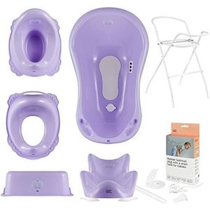 Hylat Baby Set 7: Babybadje met standaard, babybad inzet, afvoerslang, kinder toiletzitting, potje voor kinderen, opstapje - stabiel en comfortabel - Kleur: Lila, Motief: Yeti