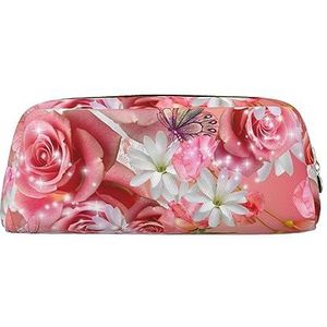 OUSIKA Roze rozen en vlinder make-up tas lederen etui reizen toilettas cosmetische tas dagelijkse opbergtas voor vrouwen, Goud, Eén maat