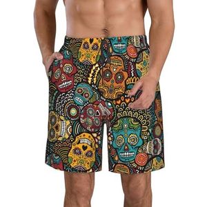 Kerstboom Print Heren Zwemmen Shorts Trunks Mannen Sneldrogende Ademend Strand Surfen Zwembroek met Zakken, Suikerschedels Print, XXL