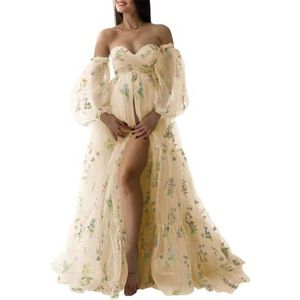 KIYNE Zwangerschapsjurk voor dames, met bloemenborduurwerk, tule, zwangerschapsjurk voor fotoshoot, vogeljurk, zwangerschapsjurk voor babyborrel, Champagne, 32