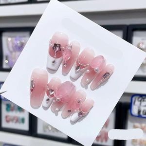 Verwijderbare en draagbare nail art Franse amandel ombre handgemaakte opdruknagels lange acryl valse nageltips innail (kleur: 29179, maat: XS)