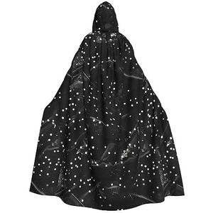 Bxzpzplj Zwart wit glitter print capuchon mantel voor mannen en vrouwen, volledige lengte Halloween maskerade cape kostuum, 185 cm
