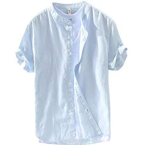 Heren linnen opa kraag shirt casual korte mouwen slim fit shirts, Blauw, XXL (Buste 108 cm)