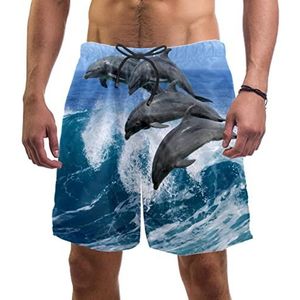 OGESIA Zwembroek voor heren met zakken dolfijnen dans op zee sneldrogende strand korte broek met mesh voering voor de zomer, Multi kleuren, XL