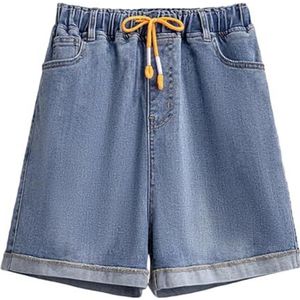 Pegsmio Manchetten Korte Jeans Straat Eenvoudige Elastische Hoge Taille Lace Up Shorts Vrouwen Trekkoord Broek, Blauw, XXL