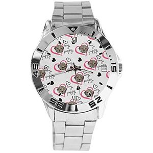 I Love My Puppy Hond Mode Dames Horloges Sport Horloge Voor Mannen Casual Rvs Band Analoge Quartz Horloge, Zilver, armband