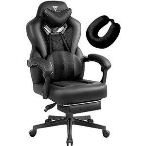 Vigosit Gamestoel, professioneel, gamestoel met voetensteun, mesh, pc, bureaustoel, massagefunctie, ergonomisch, kantelmogelijkheid, 150 kg belastbaarheid, grote en hoge bureaustoel, JD-0301BK PRO,