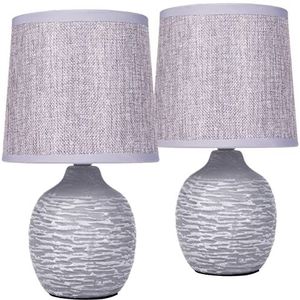BRUBAKER Set van 2 tafel- of bedlampjes, 27 cm, grijs, keramische lampvoeten met structuur, linnen lampenkappen