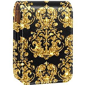 Gouden bloem geometrisch patroon draagbare lippenstift case voor reizen, Mini lippenstift opbergdoos met spiegel voor vrouwen dames, lederen cosmetische etui, Meerkleurig, 9.5x2x7 cm/3.7x0.8x2.7 in