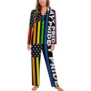 Gay Pride Amerikaanse vlag dames lange mouw button down nachtkleding zachte nachtkleding lounge pyjama set L