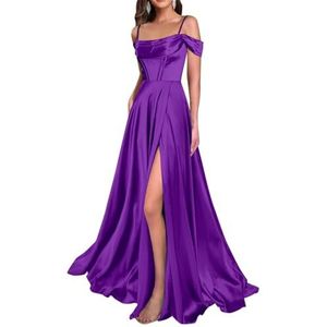 WSEYU Satijn Bruidsmeisjes Jurken Spaghetti Bandjes Galajurken Koude Schouder Formele Avond Feestjurk ZM211, Paars, 32