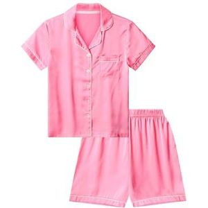 Meisjes Satijnen Korte Pyjama Set Zomer Zijden Pjs voor Kinderen, roze, 10-11 jaar