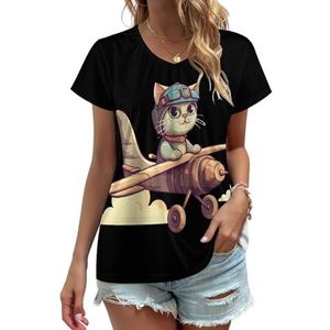 Kat vliegen op een vliegtuig print dames V-hals T-shirts leuke grafische korte mouw casual T-shirt tops XL