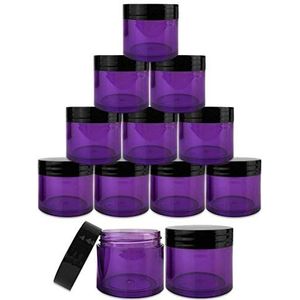 Beauticom 12 stuks 1 oz. USA acryl ronde doorzichtige potten met platte bovendeksels voor crèmes, lotion, make-up, cosmetica, monsters, kruiden, zalf (12 stuks potten + deksels, paarse basis met zwart