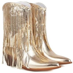 TNMIUH Dames Western Cowboylaarzen Met Metallic Details En Kwastjes, Zilverkleurig, Tot Halverwege De Kuit, Blokhak, Dameslaarzen Met Pailletten En Franjes, Modieuze Feestlaarzen,Goud,35.5 EU