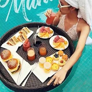 pallet， Ronde drijvende serveertafel en bar - Stijlvolle ontbijttafel op het water - Drijvende bar for bij het zwembad(Brown,80X80X15CM)