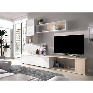 DMORA Denali Woonkamerset, modulair hoekrek, meubelstuk voor woonkamer met meerdere posities, 230 x 41 x 180 cm, wit en eiken