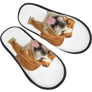 BONDIJ Engelse Bulldog Print Slippers Zachte Pluche Huispantoffels Warme Slip-on Slides Gezellige Indoor Outdoor Slippers voor Vrouwen, Zwart, one size