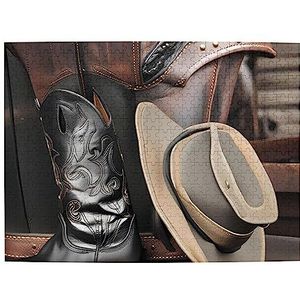 Cowboy zwarte hoed westernlaarzen houten legpuzzel 500 stuks voor kinderen volwassen legpuzzel 20,4 inch x 15 inch (ca. 52 cm x 38 cm)