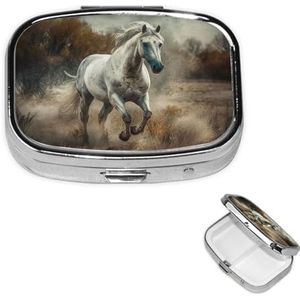 Pillendoosje met spiegel kleine pillenorganizer 2 compartimenten paard lopen in veld reizen pillendoos voor portemonnee of zak draagbare pillencontainer schattige medicijnorganisator