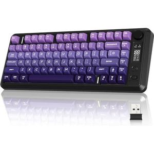 FREEWOLF M75 Dual-Mode Draadloos Toetsenbord, Bluetooth+2.4G, Knopbediening&Displayscherm, 82-toetsen Compact PBT Gradient Keycaps, Regenbooglicht, Volledige Toetsen Geen Conflict voor Mac/Win-Paars