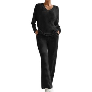 Tweedelig gebreid pak voor dames, vrijetijdspak, V-hals, broekpak, lange mouwen, geribbeld, gebreide trui + rechte broek, gebreid sportpak, zacht huispak, losse lounge-set, yoga trainingspak, zwart, L