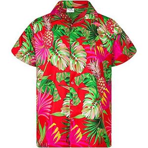 King Kameha Hawaiihemd, voor heren, korte mouwen, borstzakje, Hawaii-print met ananas en bladeren, Pineapple Leaves Rood, M