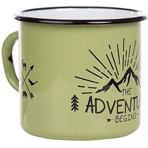 MUGSY Emaille mok, The Adventure Begins, 330 ml, campingbeker, campinguitrusting, retro design, groen