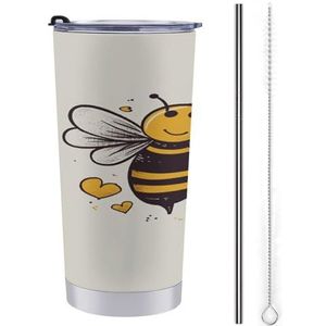 Roestvrij staal stro reizen mok,Bee Love Honey Print Car Cup,unspillable Cup,koffie Cup met deksels en rietjes