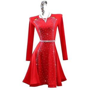 Yhwacyznm Dames Latin Wedstrijdjurken met Lange Mouwen Balzaalkleding Glanzende Danskleding voor Samba Rumba Cha Cha Dansrok Elastisch Ademend Tango Danskostuum,Rood,L