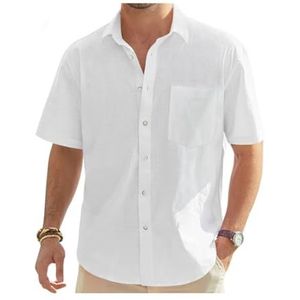 Linnen Herenoverhemd Met Korte Mouwen En Knopen Casual Katoenen Overhemd Herenoverhemd For Zomerstrand(Blanc,XXXL)