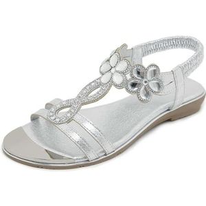 Women's Sandals Summer Elastic Flower Rhinestone Open Toe Flat Sandals Comfortable Footbed Fashion Casual Beach Shoes (Color : Silver-2, Size : 42 EU)