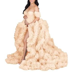 KIYNE Zwangerschapsjurk voor dames, voor fotoshoot, off-shoulder tule lingerie, zwangerschapsjurk voor babyborrel, Champagne, 32