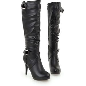 2023 Nieuwe Kniehoge Laarzen Met Gesp Lange Schachtlaarzen for Dames Met Blokhak Pluche Gevoerde Snowboots Met Ritssluiting Elegante PU-leer Hoge Hakken for Feest (Color : Black, Size : 43 EU)