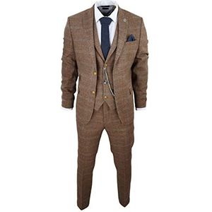 Heren 3-delig pak wol Tweed visgraat bruin blauw ruit jaren 20 Gatsby formele jurk pakken, Eik, 58