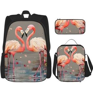 OUSIKA Flamingo's en bloemen 3 stuks print rugzak sets casual dagrugzak met lunchbox etui voor vrouwen mannen, Zwart, Eén maat