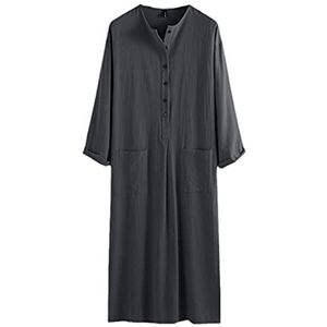 Vintage Mannen Islamitische Jubba Thobe Lange Mouw Effen Zakken Waden Saoedi-Arabië Abaya Jurk Moslim Kaftan, Grijs, 5XL
