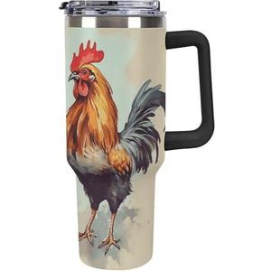 FHESDCW Haan en kip grote capaciteit autobeker 40 oz roestvrijstalen beker met handvat geïsoleerde waterfles met rietje en deksel bedrukte mokken past in de bekerhouder