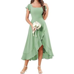 Korte Mouw Bruidsmeisje Jurken voor Bruiloft Hoge Lage Chiffon Formele Avond Party Maxi Gown Thee Lengte AH157, Sage Groen, 32