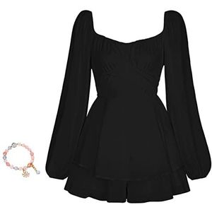 Lantaarn Ruche Romper, dames jumpsuit lantaarn lange mouw ruche laag stropdas mini korte romper, Zwart, M