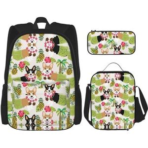 Corgi Hawaiiaanse tropische zomer ananas 3 stks rugzakken 16 inch voorschoolse school boekentas en lunchbox voor elementaire peuter, Zwart, Eén maat, Schooltas Set