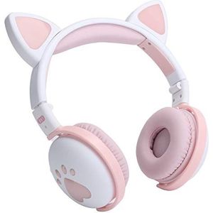 Cat Ear-hoofdtelefoon, Draagbare HIFI Comfortabel Dragen Gloeiende Draadloze Bluetooth-opvouwbare Headsets met LED-licht, voor Buitensporten(Melkpoeder wit)